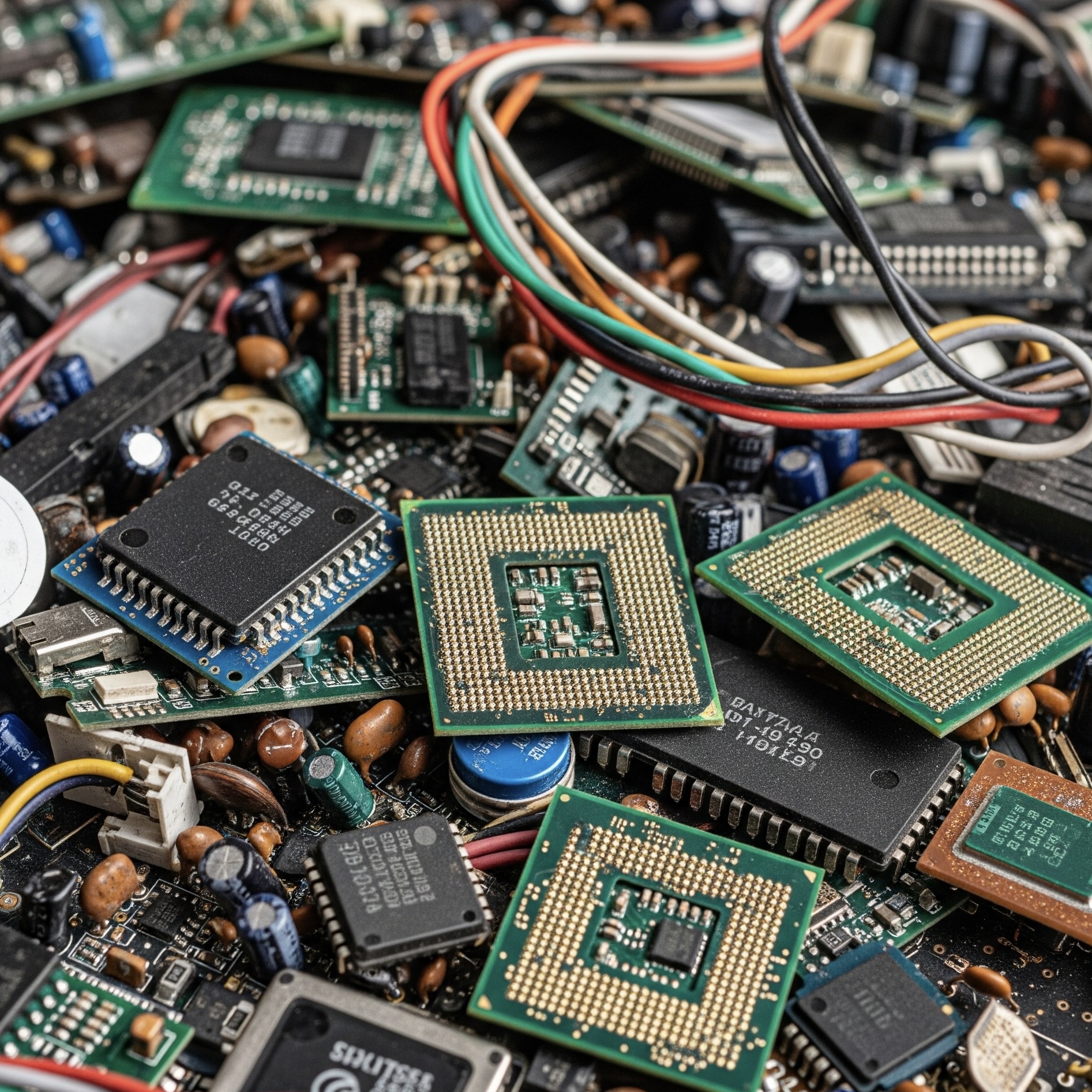 Componentes eletrônicos empilhados, mostrando sucata eletrônica para reciclagem.
